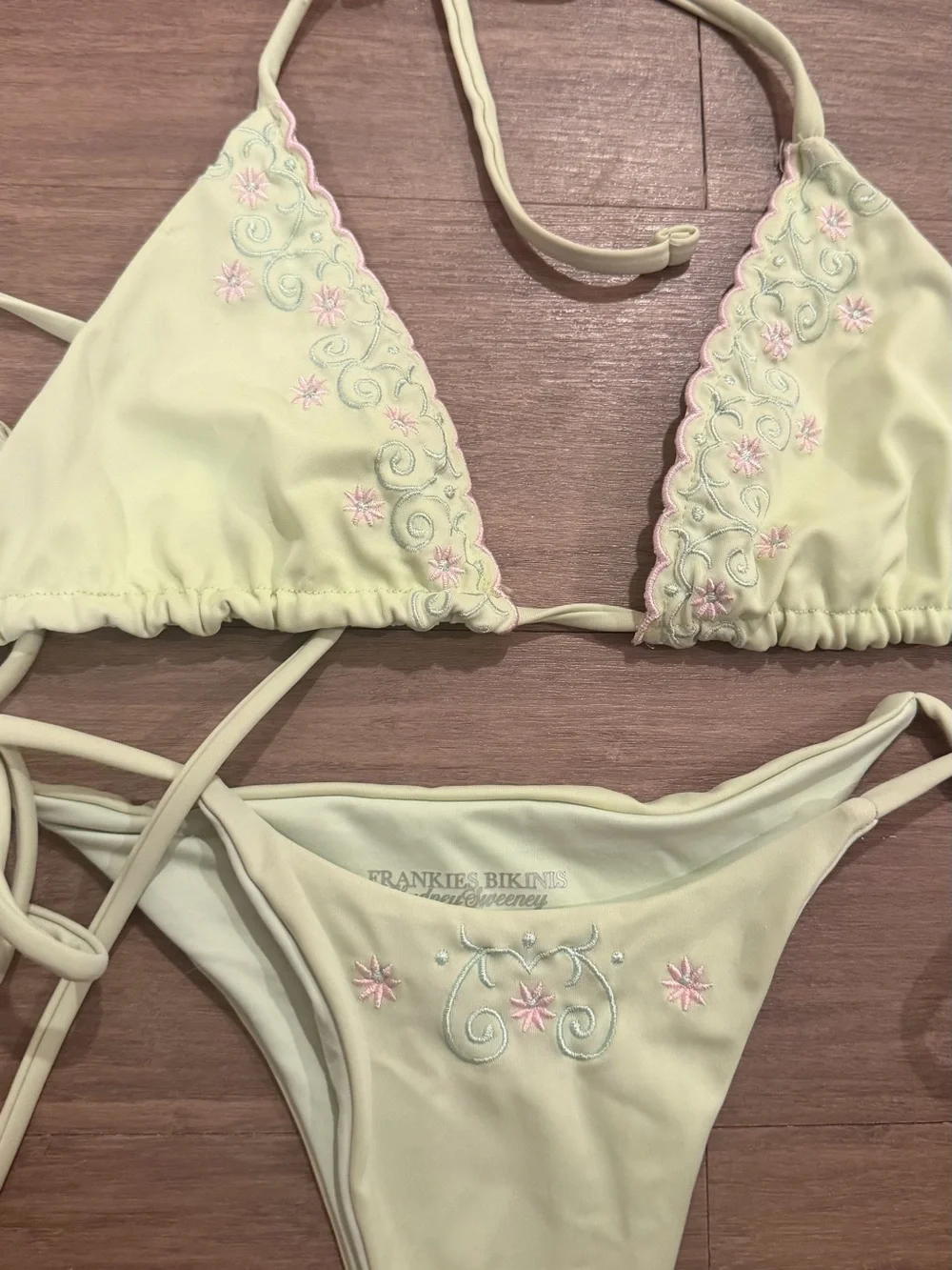 Frankie's Bikinis Pale Yellow Embroidered Bandeau-Style Bikini